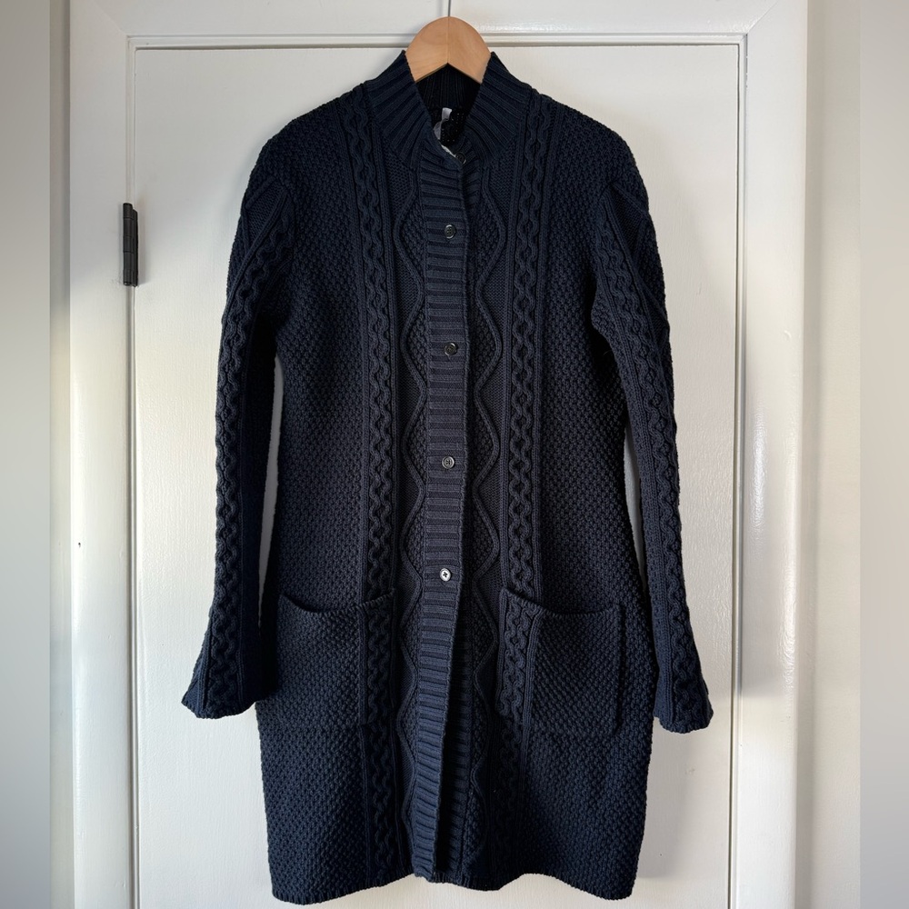 LISLI 100% Cotton Cable Knit Cardigan Sweater Coatigan Navy Blue Size